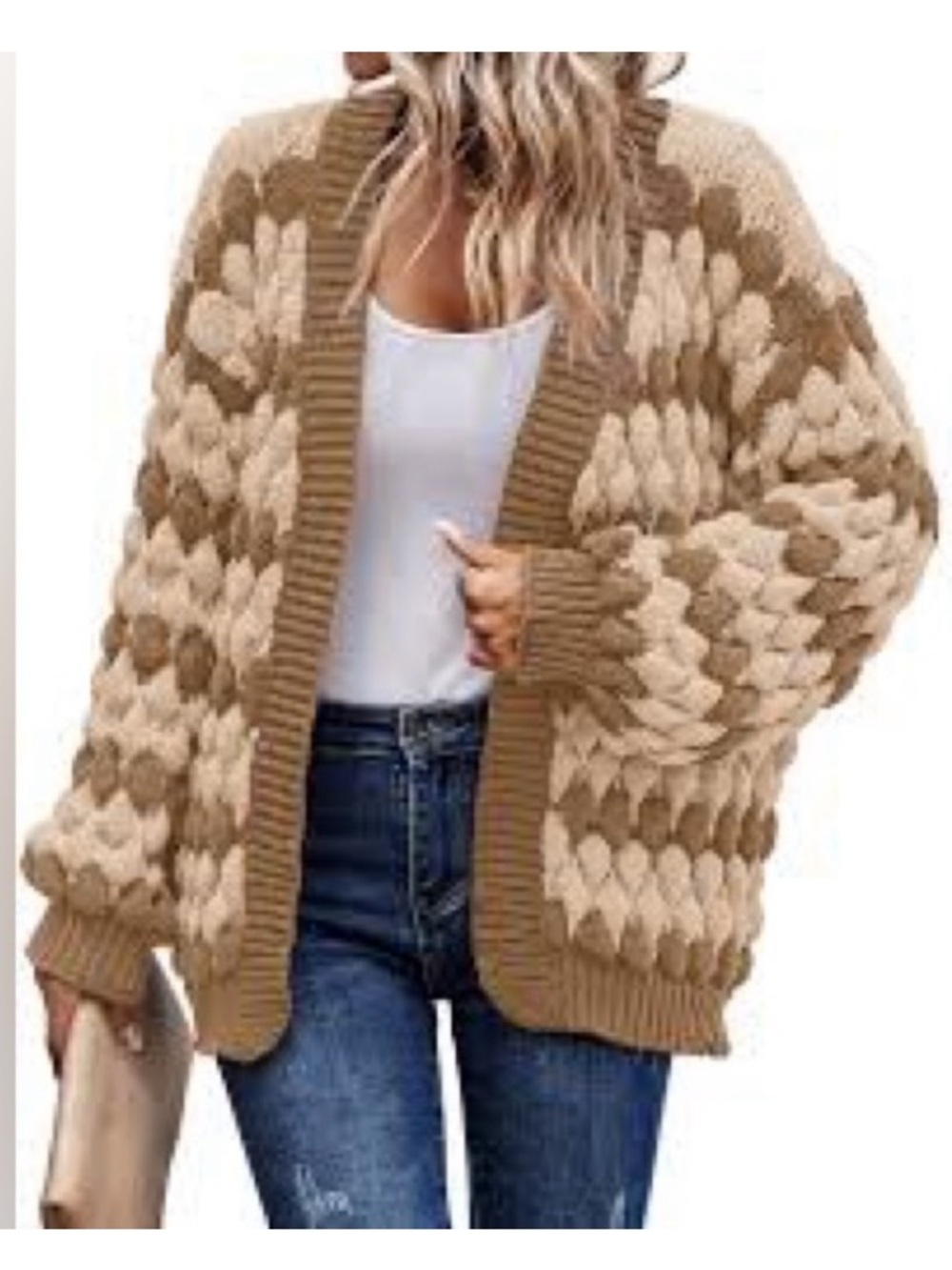 Kirundo Open-Front Taupe & Cream Bubble Knit Cardigan Sweater 🆕